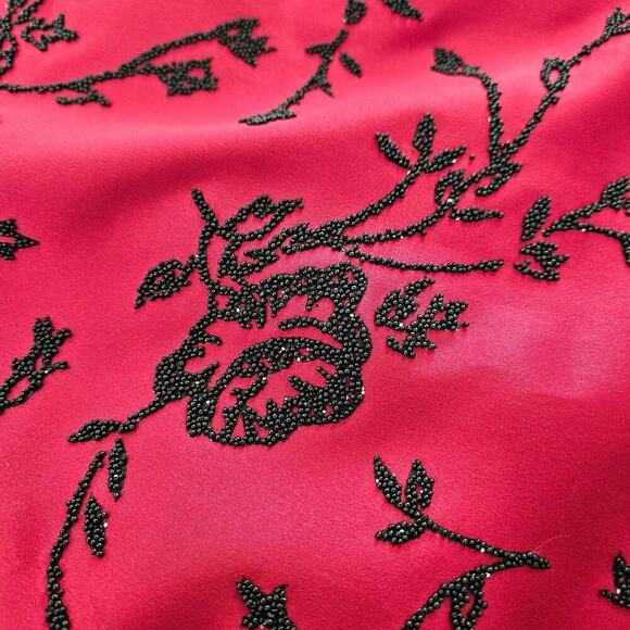 Rare Vintage 90s Christina Perrin Red Satin Beaded Floral Knee Length Skirt Sz 6 - Picture 3 of 7